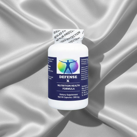 Defense X plant based immune circulation support supplement bottle,
Defense X botanical immune supplement with Xìng Rén extract, 
herbal immune circulation support supplement Defense X